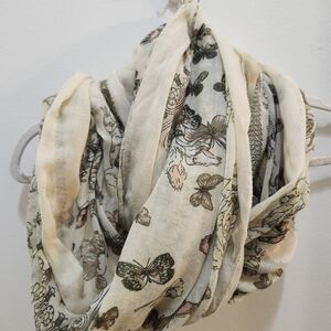 Butterfly Print Lightweight Infinity Scarf - Cream and Olive
